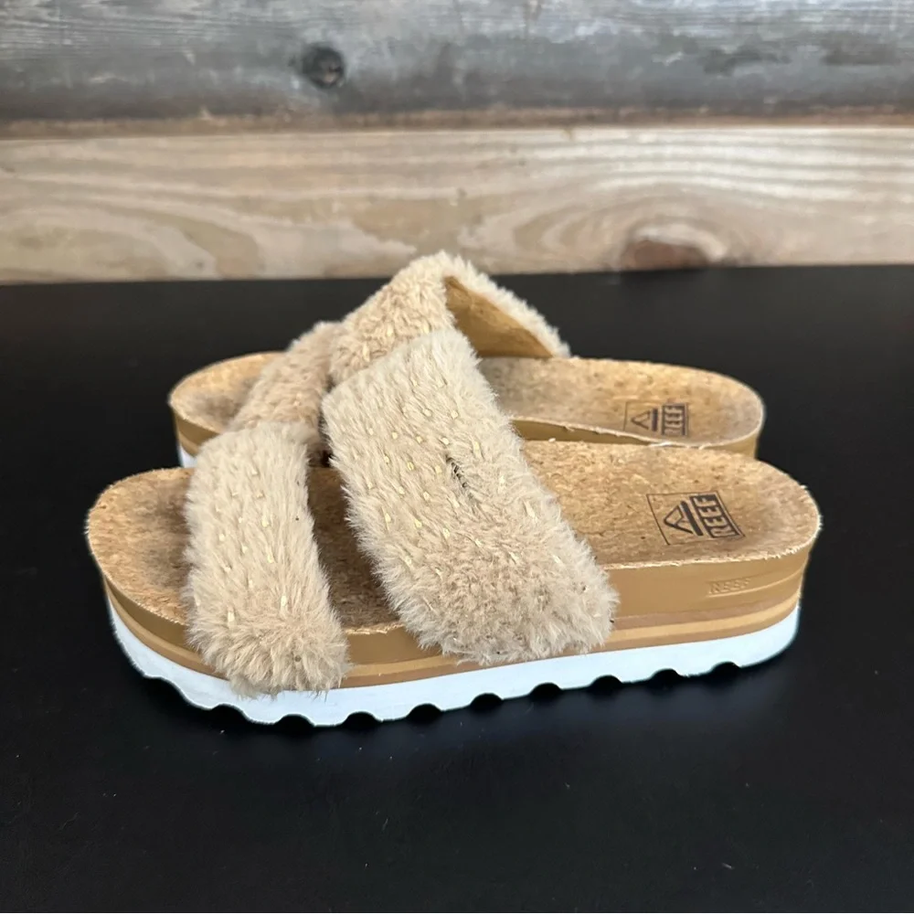 Reef Beige Fuzzy Strap Sandals - Picture 2 of 11